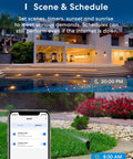 Scene showing Outdoor Smart Plug With 3 Independent Sockets For Patio Or Yard managing lighting and irrigation schedules.