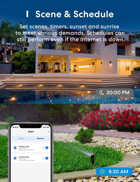 Scene showing Outdoor Smart Plug With 3 Independent Sockets For Patio Or Yard managing lighting and irrigation schedules.