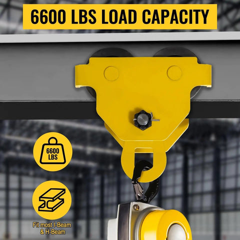 Beefy Heavy Duty Beam Trolley Hoist For 3 Ton Load Capacity Up To 6600 Lbs With Dual Track Rollers And Adjustable 2.5 To 5 Inch Flange For I Beam Steel Lifting And Precise Manual Or Electric Positioning, 6600 lbs capacity on I-beam
