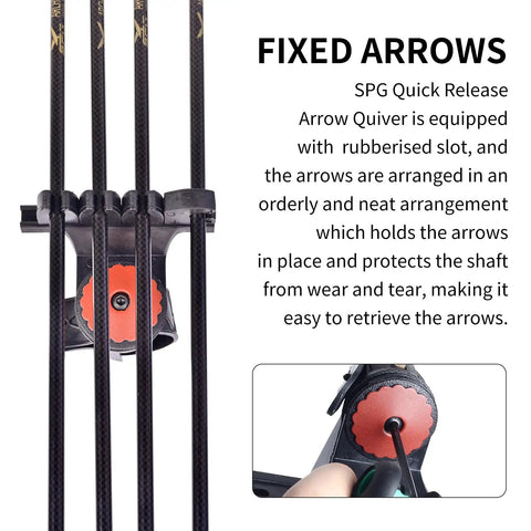 Adjustable Leather Archery Arrow Quiver with Quick Shoot System showing fixed arrows in rubberized slots for secure grip