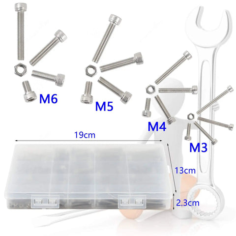 Heavy Duty Top Shelf 304 Stainless Steel Hex Socket Cap Screw And Nut Assortment Kit featuring Metric Fasteners in a secure box.