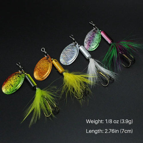 Colorful spinnerbaits from 10 Piece Spinner Lures Kit With Tackle Box For Freshwater And Saltwater Fishing, each 1/8 oz, 2.76in long.