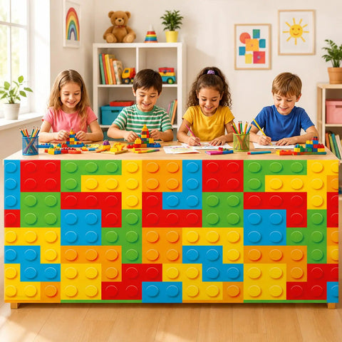 9 Foot Building Block Table Skirt Bringing Sweet Brick Vibes To Teachers Desks And Classroom Workstations For Back To School Setup And Quick Office Or Cabinet Decor Accents, featuring colorful Lego design.