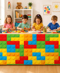 Six Foot Building Block Table Skirt With Bold Primary Bricks For Teacher Desk And Classroom Tables used by kids during creative activities.