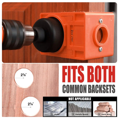 Premium Door Lock Installation Kit With Switchable Blades And Top Chisel Latch Mortise Tool Perfect For 1 3⁄8 To 1 3⁄4 Inch Thick Doors And Serious DIY Home Pros Who Need Reliable Hardware Solutions Fast. orange mortise lock template on wood door, 2 3/8 and 2 3/4 backset