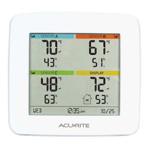 Front view of Four Location Home Weather Station With Three Wireless Indoor Outdoor Sensors And Built In Display For Real Time Temperature And Humidity Readings Across Indoor And Outdoor Spaces showing current data.