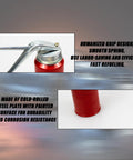Red metal hand-pump oil can (200 ml) with spray nozzle; collage showing close-up nozzle and base view