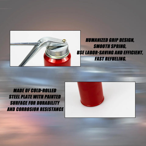 Red metal hand-pump oil can (200 ml) with spray nozzle; collage showing close-up nozzle and base view
