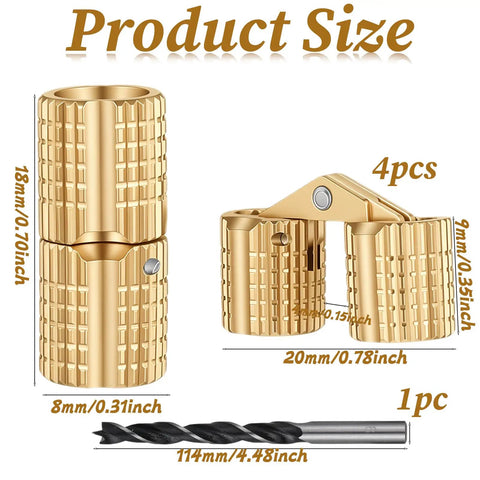 Built to Last Sleek Concealed Brass Barrel Hinges Set With 8mm Drill Bit and 180 Degree Opening, detailed product size view