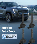 Four ignition coils displayed in front of SUV, focus on All In One Four Ignition Coils With Four Iridium Spark Plugs Kit For Mercedes Benz SLK250.