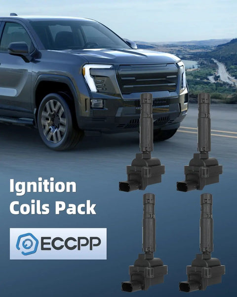 Four ignition coils displayed in front of SUV, focus on All In One Four Ignition Coils With Four Iridium Spark Plugs Kit For Mercedes Benz SLK250.