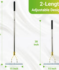 Product image showcasing 15 Inch Dethatching Rake For Lawn With Dual Edge Steel Head and adjustable handle at 55 and 38 inches.