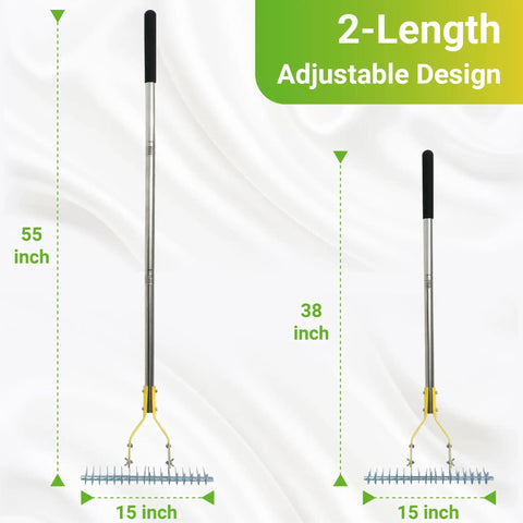Product image showcasing 15 Inch Dethatching Rake For Lawn With Dual Edge Steel Head and adjustable handle at 55 and 38 inches.