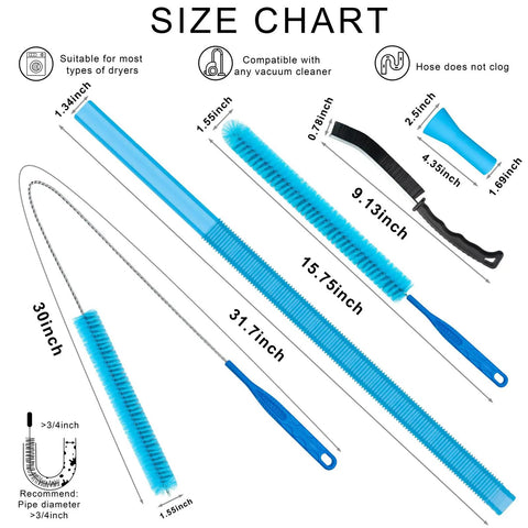 Size chart of 4-Piece Dryer Vent Cleaner Kit with Flexible Vacuum Hose, Lint Trap Brush, Appliance Brush, Pro Cleaning Tools