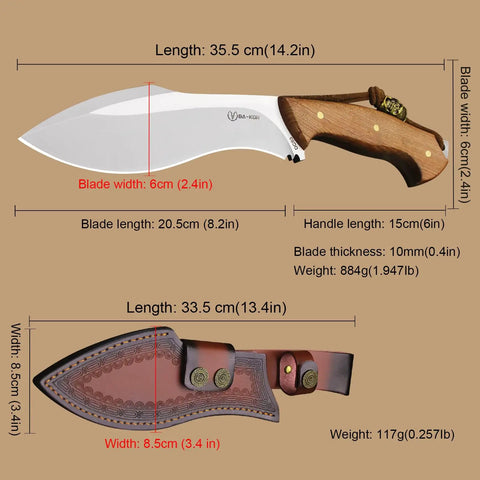 Survivor III Fixed Blade Knife With Full Tang 14.2 Inch Overall Length 10mm Thick DC53 Steel Blade dimensions with leather sheath