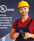 Smiling man in a hard hat holding Ferrule Crimping Tool Kit With Wire Crimper, Pro Grade Nylon Storage Container, And 1,200 Electrical Wire Connectors