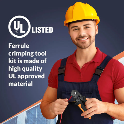 Smiling man in a hard hat holding Ferrule Crimping Tool Kit With Wire Crimper, Pro Grade Nylon Storage Container, And 1,200 Electrical Wire Connectors