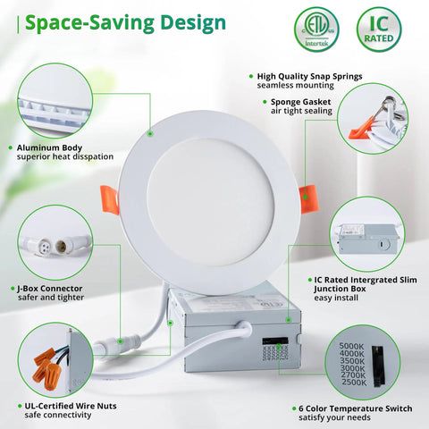 Diagram of 12 Pack 4 Inch Recessed LED Downlights With Junction Box Easy Install 6 CCT Selectable From 2500K To 5000K features.