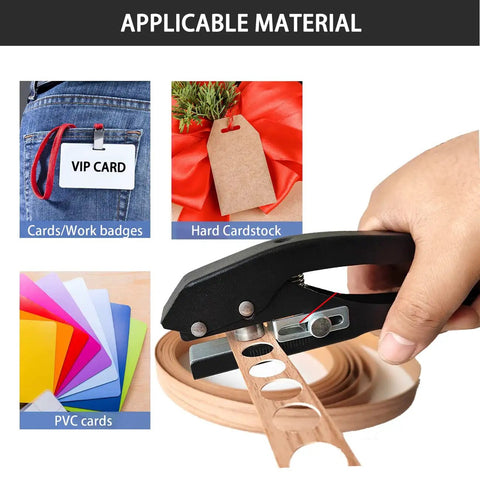 Heavy Duty 15mm Single Hole Punch Handheld for tags, cards, and plastic in use on card stock, PVC cards, and work badges