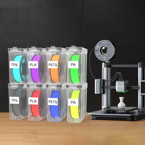 8 Pack Filament Storage Case for 1.75mm spools, airtight silicone seal, dust proof reusable organizer with writable labels, shown with 3D printer