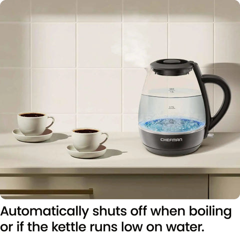 Electric Kettle With Tea Infuser 1L Compact 1500W Fast Boil Auto Shut Off No Fuss Boil Dry Protection on kitchen counter