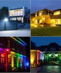 Outdoor RGB CW 20W LED Flood Lights 4 Pack With Bluetooth Mesh And App Control illuminating modern houses at night, IP65 waterproof for yards.