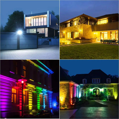 Outdoor RGB CW 20W LED Flood Lights 4 Pack With Bluetooth Mesh And App Control illuminating modern houses at night, IP65 waterproof for yards.