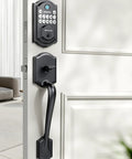 Keyless Front Door Lock Set With Handle, 3 In 1 Smart Lock With Fingerprint, Passcode And Mechanical Key shown on door