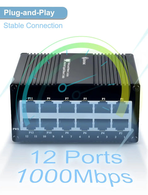 Front view of 12 Port Gigabit Unmanaged Ethernet Switch For Industrial Use with sturdy metal design and plug-and-play feature.
