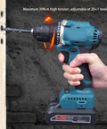 Heavy Duty Cordless Drill Set With Sleek Brushless Motor And Knockout 21V Power Delivers 30 Nm Torque close-up in hand.