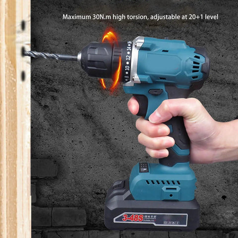 Heavy Duty Cordless Drill Set With Sleek Brushless Motor And Knockout 21V Power Delivers 30 Nm Torque close-up in hand.