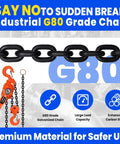 Manual lever chain hoist with orange handle and black G80 galvanized chain