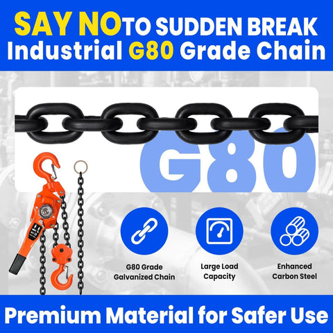Manual lever chain hoist with orange handle and black G80 galvanized chain
