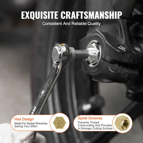 VEVOR Thread Chaser Set: close-up of a chrome socket wrench tightening a bolt on an automotive component