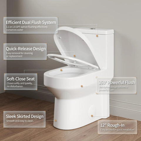 Space Saver Compact One Piece Skirted Toilet With Dual Flush Game Changer For Cramped Baths, Splash Free Quiet Flush, Foolproof 12 Inch Rough In Setup, Heavy Duty Round Bowl For Daily Use