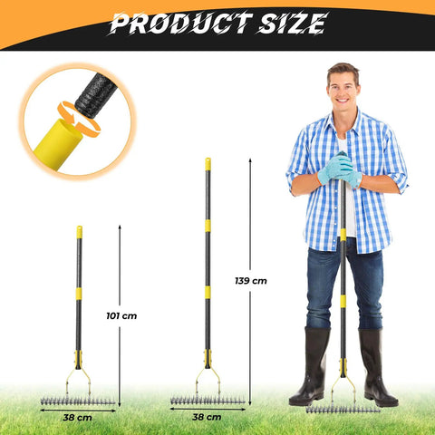 Man holding 19-Tine Thatch Rake With Adjustable Head Angle And 55 Inch Steel Handle beside two smaller rakes with size labels
