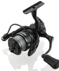 Loaded Spinning Reel With 10lb Braided Line, Carbon Disc Drag, CNC Aluminum Spool, Black Silver Finish, 7 Plus 1 Bearings, Front View