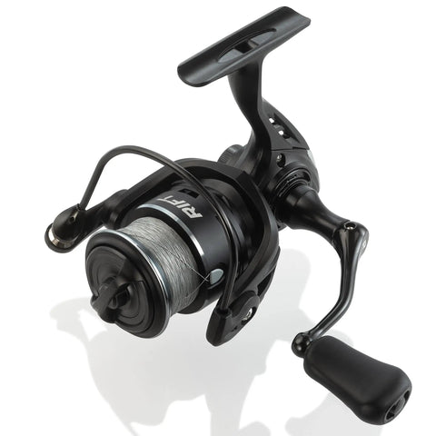Loaded Spinning Reel With 10lb Braided Line, Carbon Disc Drag, CNC Aluminum Spool, Black Silver Finish, 7 Plus 1 Bearings, Front View