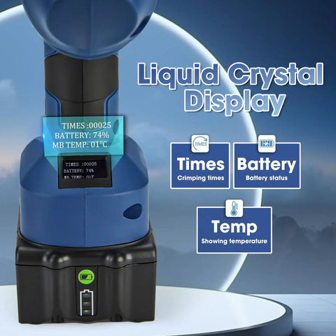 Heavy Duty Electric Hydraulic Crimping Tool For Copper Aluminum Wires Rechargeable Lithium Battery Cable Lug Crimper showing liquid crystal display with battery status.