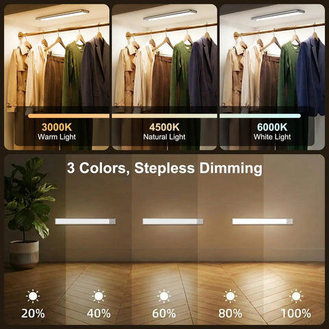 Wireless 126 LED Under Cabinet Lights With Motion Sensor Rechargeable 2500mAh Dimmable Magnetic Light Bar 3 Color Temperatures Ideal For Kitchen Pantry Stairs Dual Pack showing various color temperatures and dimming levels.