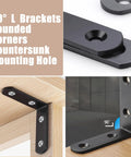18 Pack L Shape Corner Brackets Stainless Steel Heavy Duty Black 2 Inch Shelf Brackets with long screws, close-up and installed view.