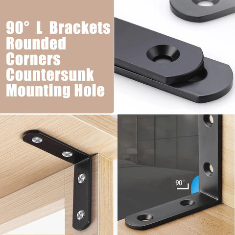 18 Pack L Shape Corner Brackets Stainless Steel Heavy Duty Black 2 Inch Shelf Brackets with long screws, close-up and installed view.