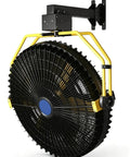 Heavy Duty Brushless Motor Industrial Floor Fan With Smooth Rolling Lockable Casters mounted on wall for industrial cooling.