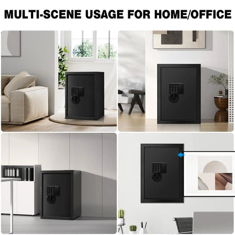 Four images showing Two Point Eight Cu Ft Steel Electronic Safe Box For Home And Office With Digital Lock in different interiors.