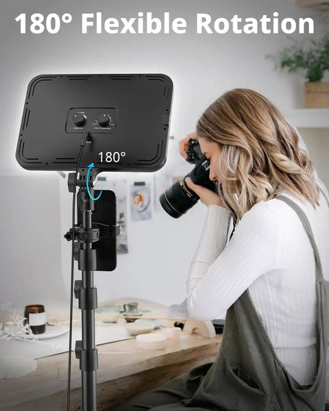 Woman using the Two Pack LED Video Light Kit with 20W Ring Lights and 300 LEDs, showing 180 degree lamp head rotation feature.