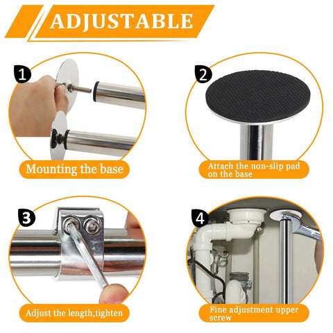 Step-by-step installation of Stainless Steel Adjustable Undermount Sink Brackets Kit with Waterproof Gloves, showing process details.