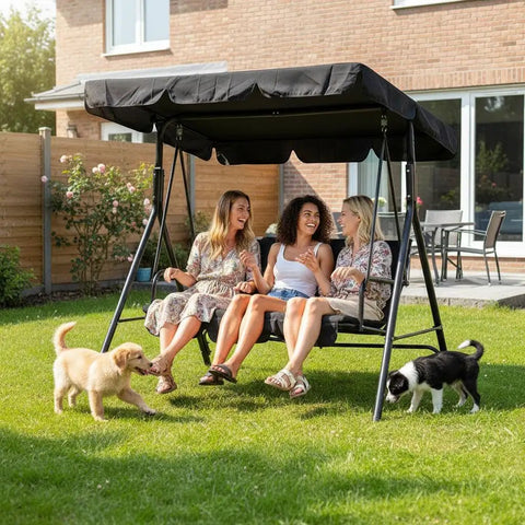 Three Seat Outdoor Porch Swing With Adjustable Canopy, Breathable Cushioned Seat And Back, Comfy Armrests, Heavy Duty Frame