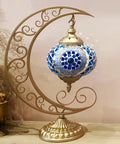 Dope Moon Shaped Mosaic Stained Glass Table Lamp In Blue Handmade Turkish Moroccan Tiffany Style Nightstand Light Turquoise Blue Glass Artwork