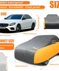 All Weather Car Cover For Sedans, Waterproof And Windproof, UV Sun Protection, Scratch-Resistant, Black Orange, size details