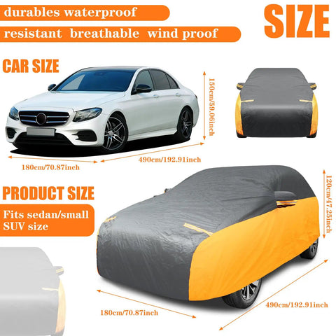 All Weather Car Cover For Sedans, Waterproof And Windproof, UV Sun Protection, Scratch-Resistant, Black Orange, size details